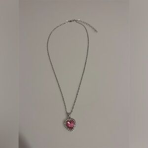 Pink Heart Gemstone Necklace | Silver Tone Rhinestone Border